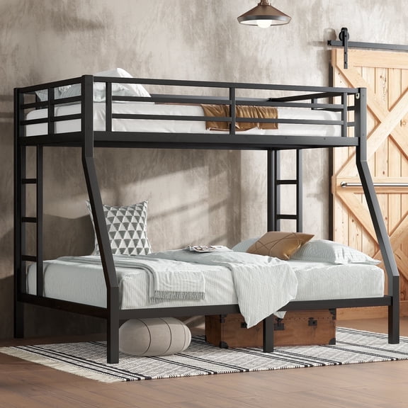Morufur Metal Bunk Bed Twin over Full Size with Ladder & Guardrail, Heavy Duty Bed Frame for Teens Adults, Noise Reduced/No Box Spring Needed, Black