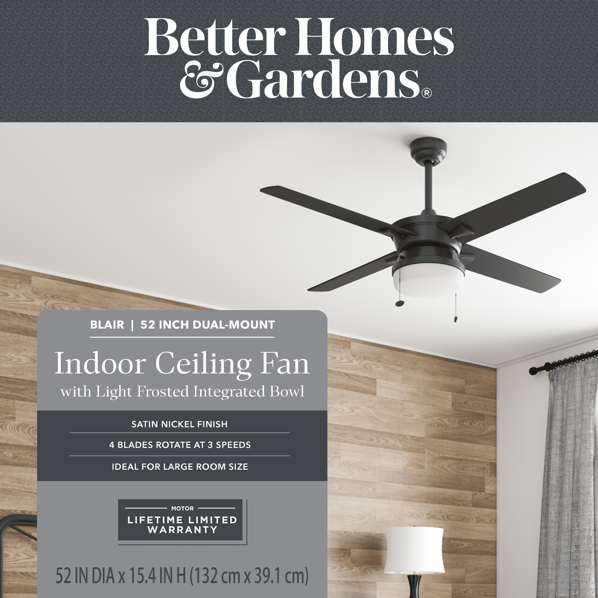 Better Homes & Gardens Blair 52'' Black Modern Indoor Ceiling Fan with Light 4 Blades Pull Chains