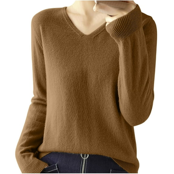 Olyvenn Women's Lightweight Knitted Sweater T Shirts Long Sleve Tops Casual V Neck Stretch Sweater Shirt Solid Basic Tees Underscrubs Khaki S