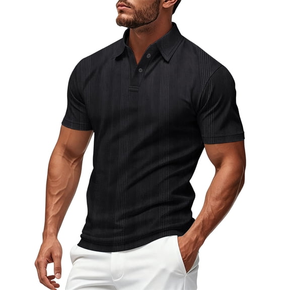 Ecqkame Mens Shirts Knitted Pit Stripe Slim Fit Textured Stretchy Shirt Turndown Collar Short Sleeve Button Casual Breathable Tops Black L