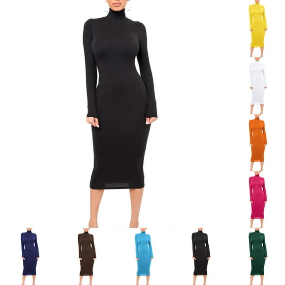 Blczomt Midi Womens Winter Dress Dressy Casual Black Plain Long Sleeve Sheath Formal Solid Mock Neck Dress