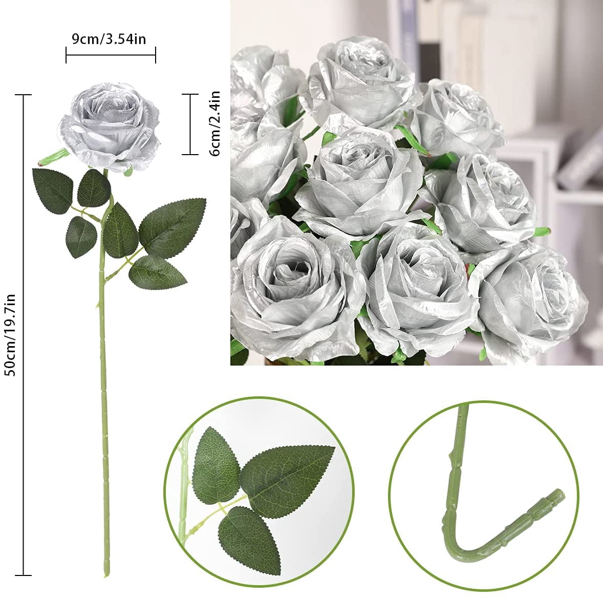 Black Flower Artificial Roses Flowers, Realistic Blossom Roses Real Touch Silk Rose Single Fake Flower Long Stem Bouquets for Home Decor Wedding Party Ceremony Funeral (10Pcs, Black)