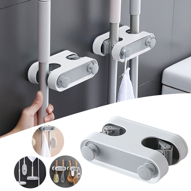 melotizhi Double Clip Hook Multi Purpose Mop Clip Self Adhesive Mop Hanger Double Card Mop Hook Kitchen Tableware Storage Rack Mop Card Tool, White