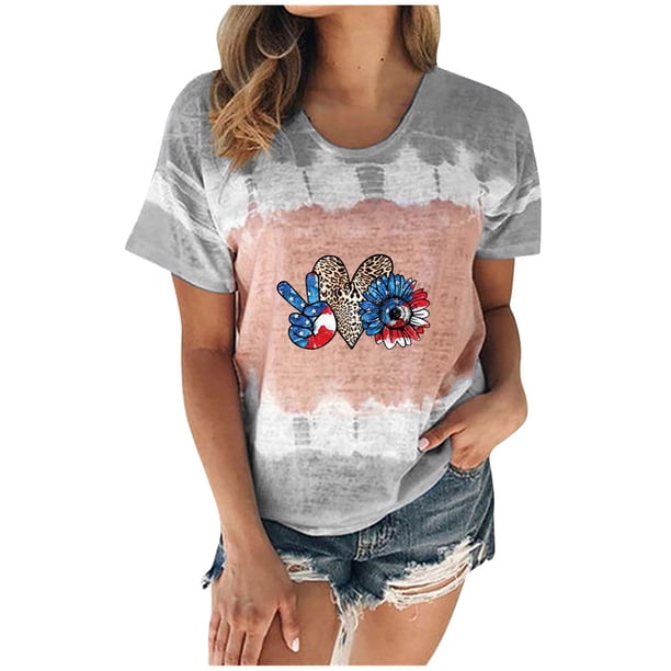 Día de la Independencia Moda Mujer Casual Cuello redondo Manga corta Impreso Señoras Tops Blusa Pompotops hkajfhjk467307