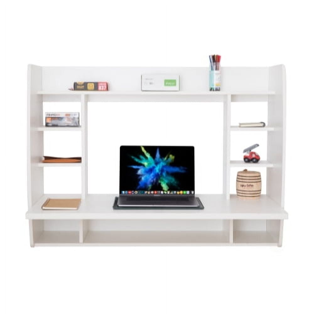 White Floating Wall-Mount Desk with Shelves, Space-Saving Laptop Workstation for Writing, Study, Bedroom, Living Room, Office