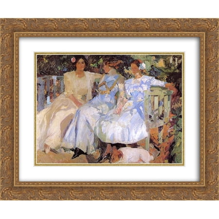 Joaquin Sorolla 2x Matted 24x20 Gold Ornate Framed Art Print 'My Wife and Daughters in the Garden'