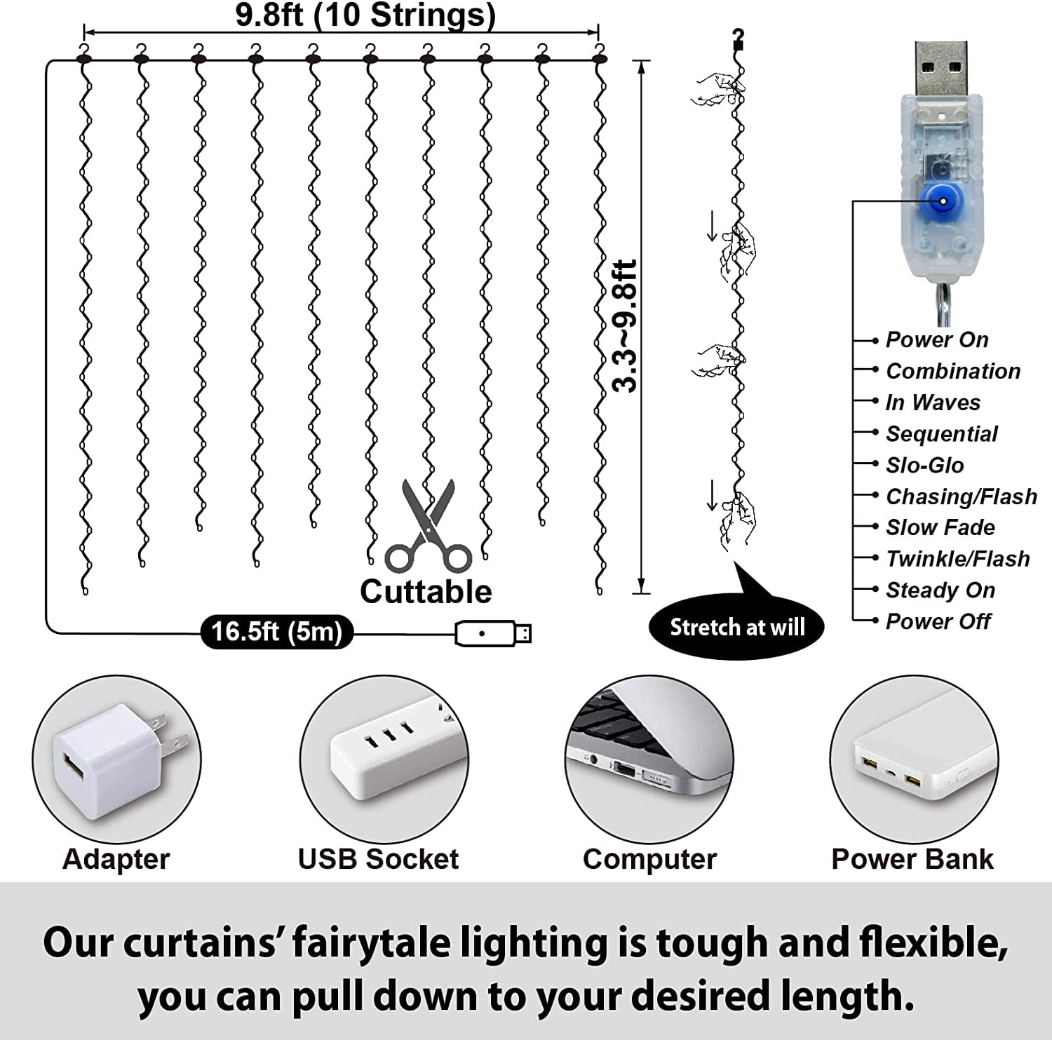 2 Pack Warm White 300LED Fairy Lights, 9.8x9.8ft LED String Lights with Timer & 8 Modes, USB Plug-in Rotating Clips & 12 Hooks for Bedroom Indoor Outdoor Wedding Decor