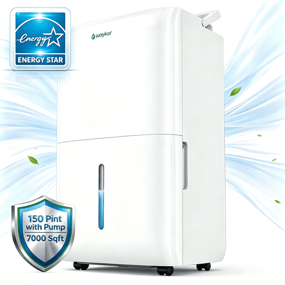 Waykar 7000 Sq. Ft. 150 Pint Dehumidifier with Built-in Pump for Home, No Daily Tank Emptying, Dehumidifier with Continuous Drain for Room & Basement, Auto Defrost, 50 Pint DOE Energy Star