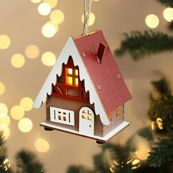 Christmas Wooden House Ornament with LED Light, Hanging Red Cottage Decoration for Christmas Tree, Holiday Tabletop Decor, Desktop Miniature Christmas Village House