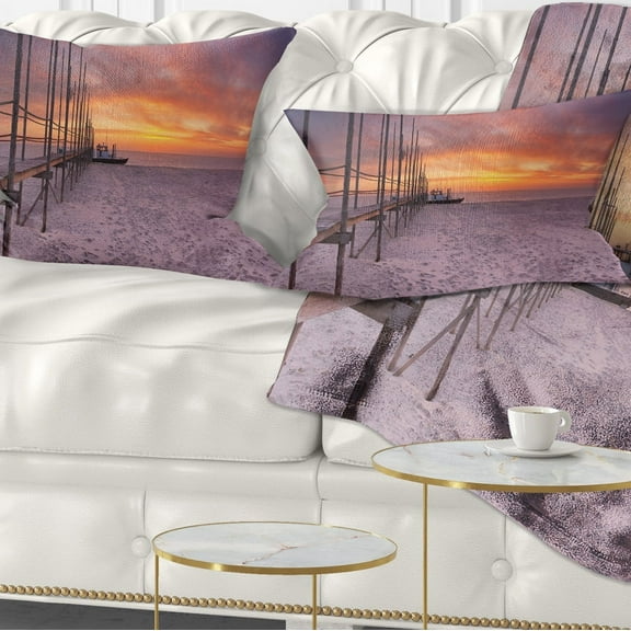 Designart Texel Island Seaside Jetty Panorama - Modern Seashore Throw Pillow - 12x20