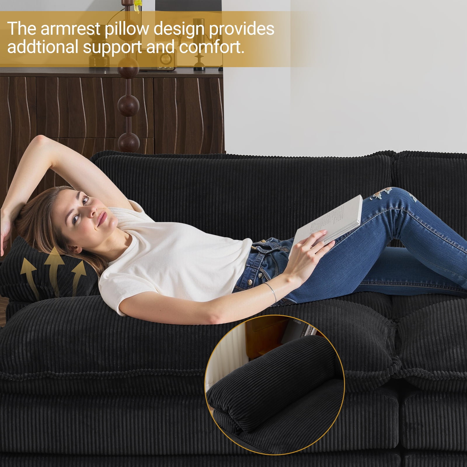 Zimtown 90“ Sofa Bed Couch with Pillow Arms and Double Layer Cushions, Corduroy Loveseat Sofa with Removable Ottoman for Living Room, Black
