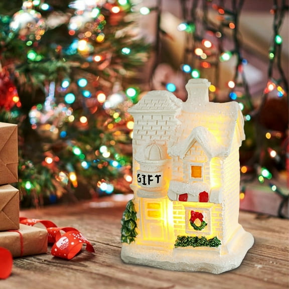 Christmas Gifts for Women & Kids, Christmas Snow Cottage Ornament with LED White Glowing Design, Resin Material, Christmas Decorations Indoor for Home, Desktop, Mantles, Shelve, Staircase, 1PC
