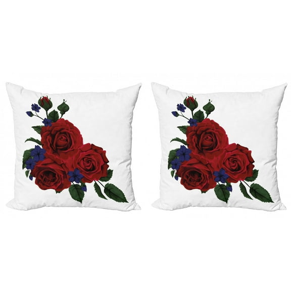 Ambesonne Rose Throw Pillow Cover 2 Pack, Red Bloom Gentle Florets, 16", Hunter Green Violet Blue