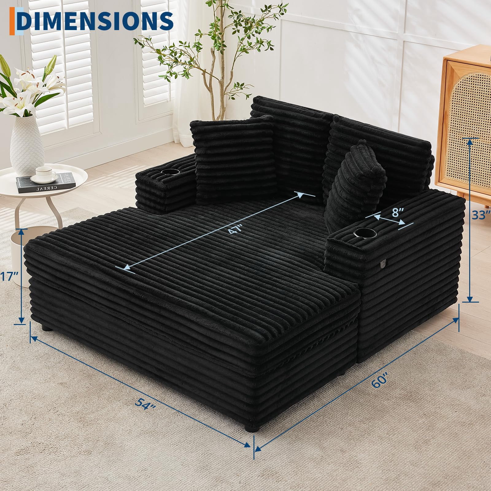 Oversized Corduroy Chaise Lounge Chair with Cup Holder & USB Charging Port, 54" Wide Plush Sofa with High-Density Foam & Supportive Springs for Living Room