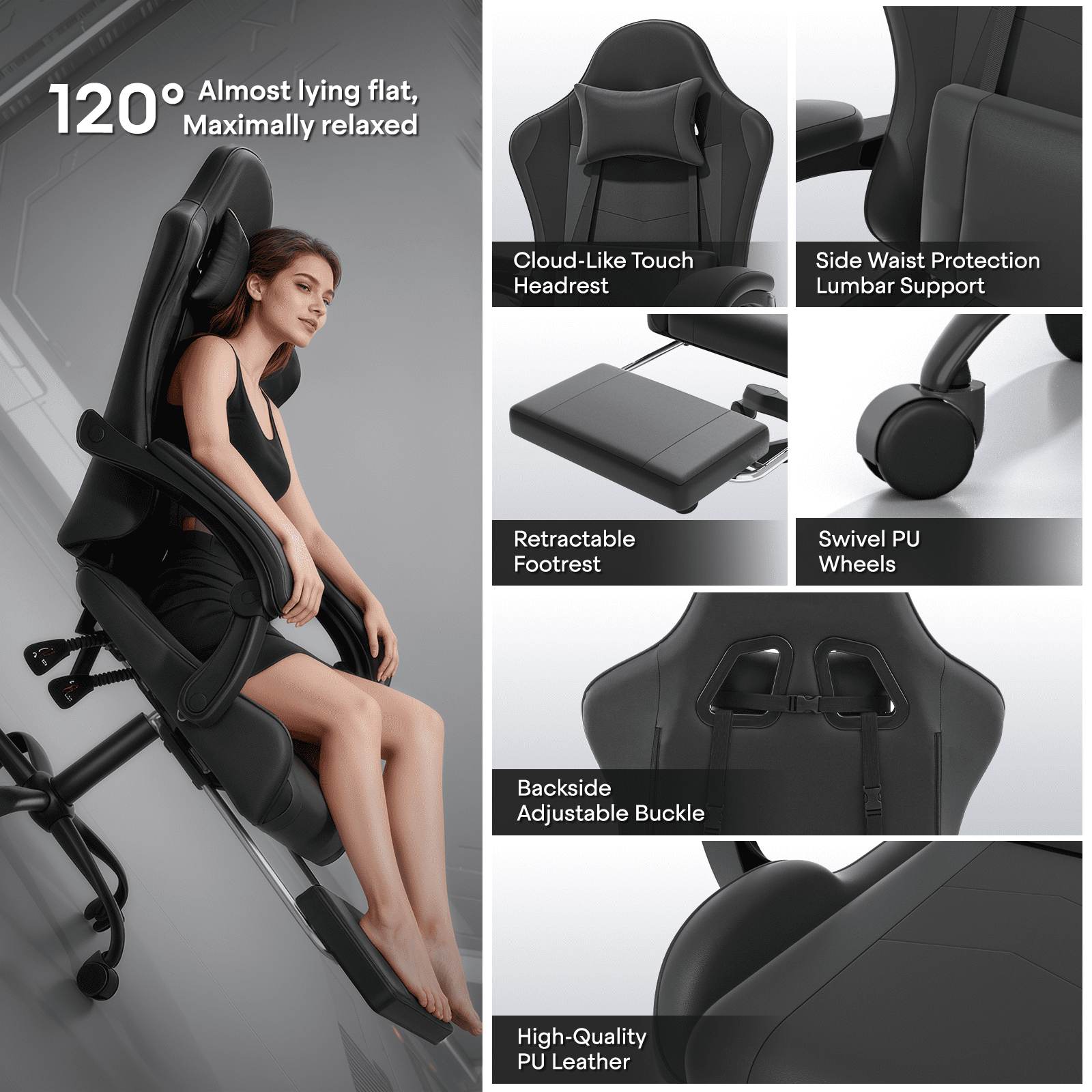 OSM Gaming Chair with Footrest & Headrest, High-Back Ergonomic Computer Desk Chair - Adjustable Lumbar Support, Reclining Office Chair for Adults, 350lbs, Black