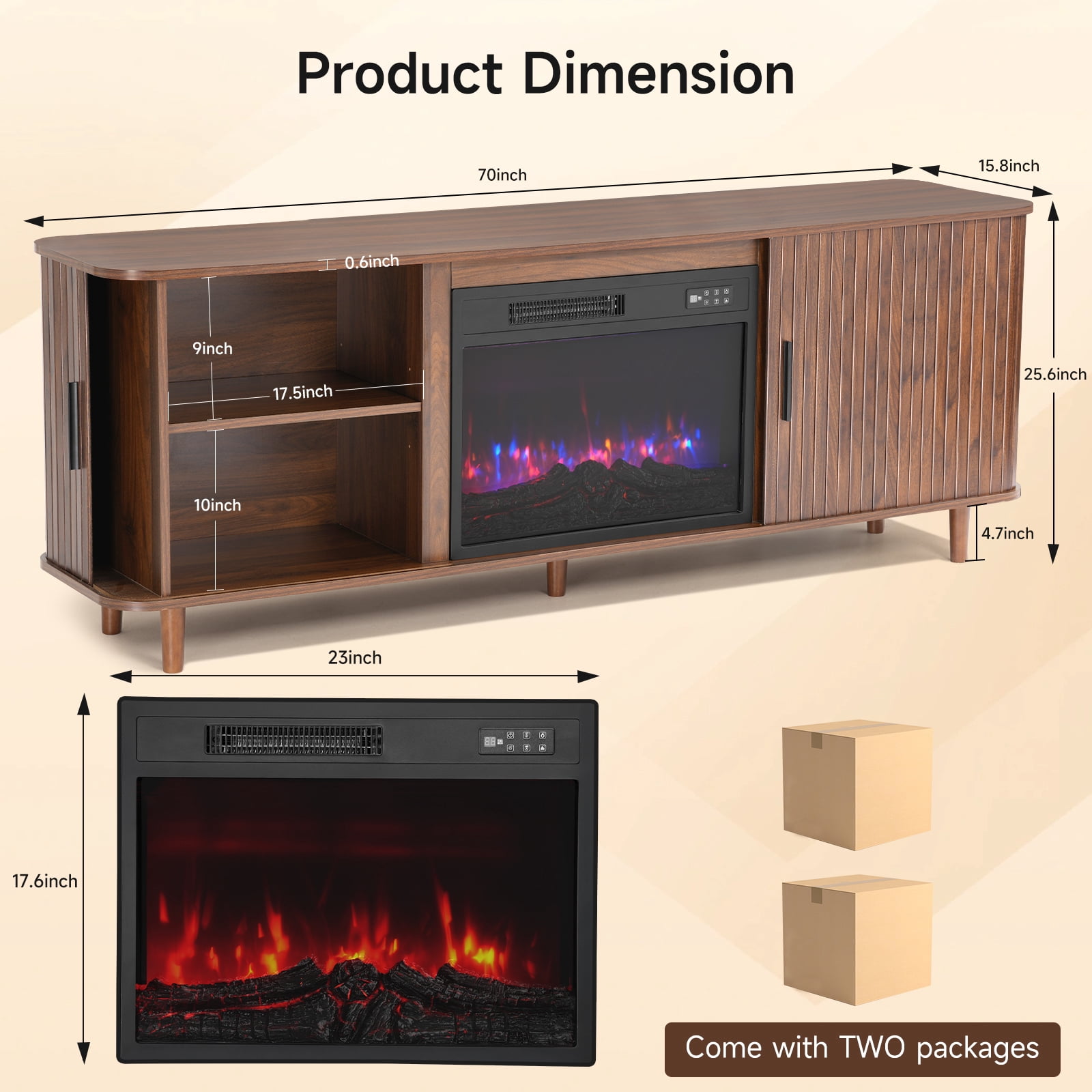 Dovov 70" Fireplace TV Stand for TVs Up to 80", Modern Fluted Entertainment Center Media Console Cabinet with 23" Electric Fireplace and Sliding Door, for Living Room, Walnut