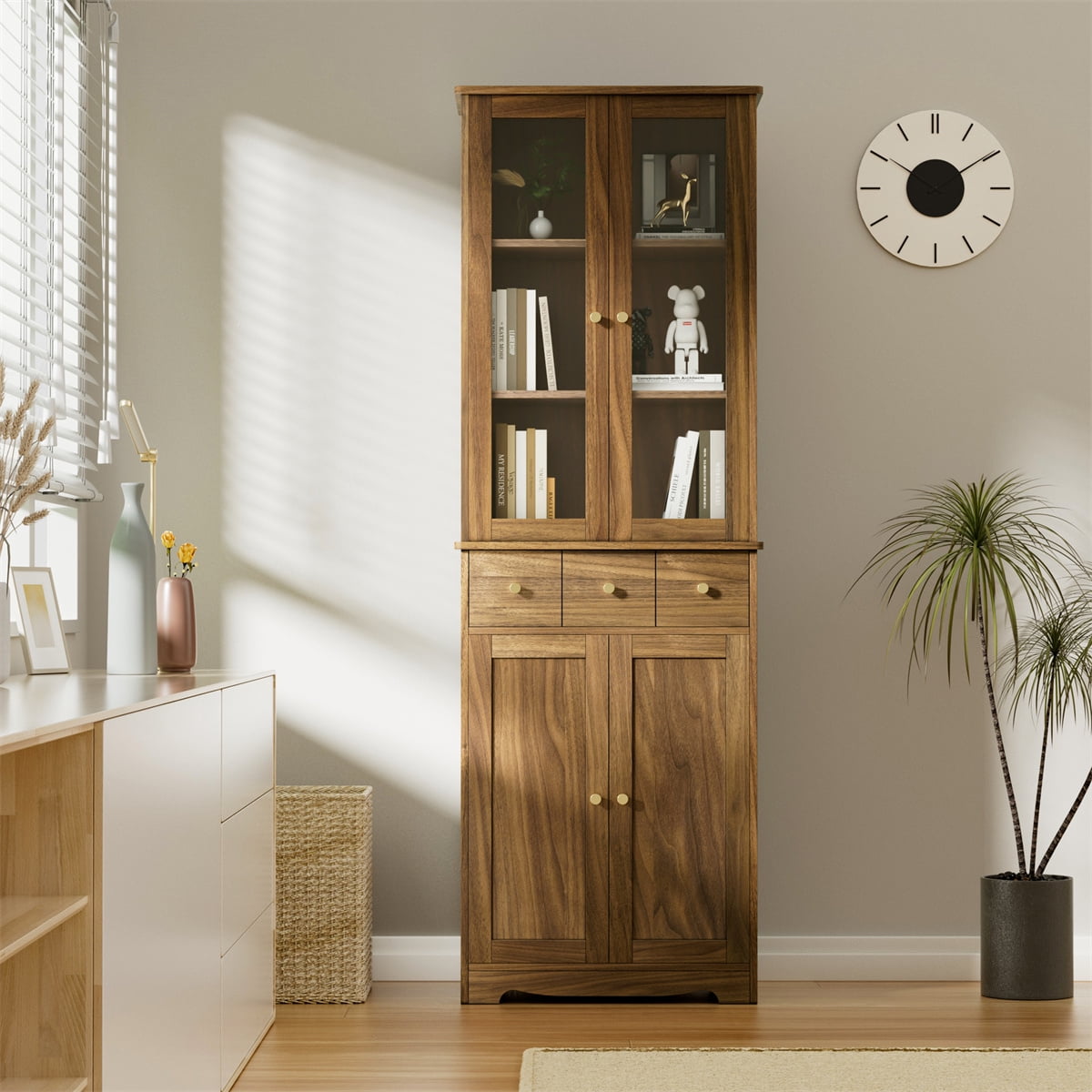 3-Tier Bookcase with Doors,Modern Bookcase with Large Storage Shelves ...