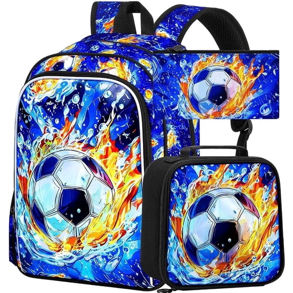 3Pcs Soccer Backpack for Boys, 17" Kids School Bookbag with Lunch Box, Football Backpacks Set for Elementary Preschool Kindergarten(Black)