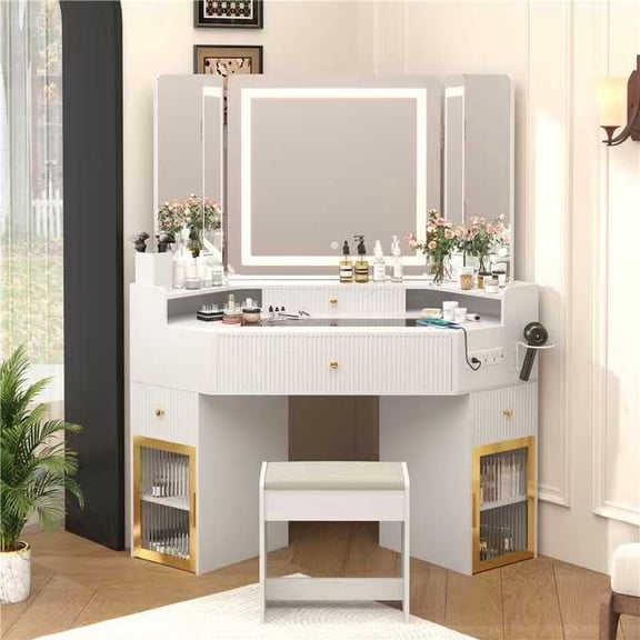 LVUYOYO Corner Vanity Desk with 3-Way Mirror & Lights, Makeup Table with Storage Drawers, Large Cabinets, Glass Top & Stool – White