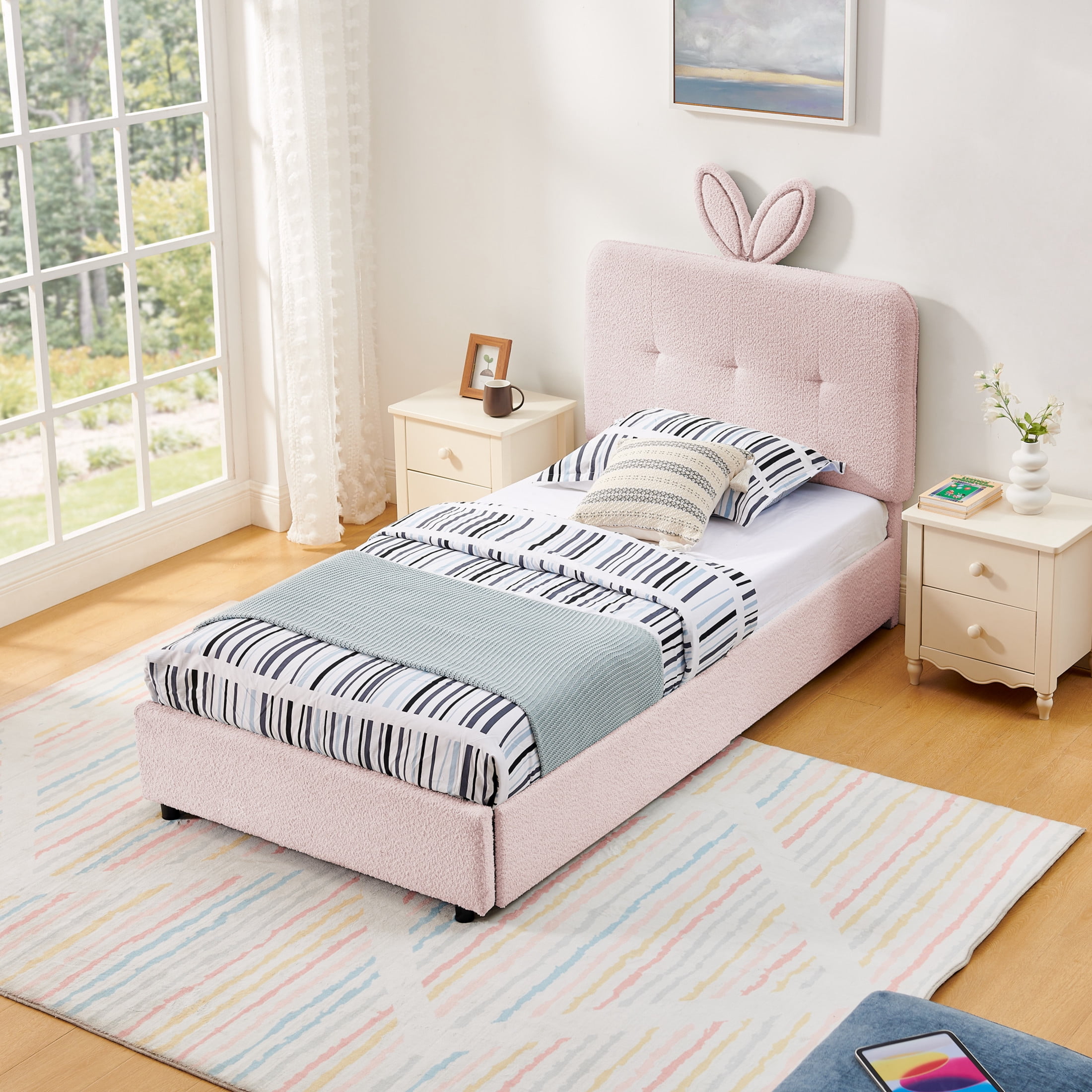 Noble House Bertis Twin Size Boucle Kids Bed, Rabbit Ear Headboard Bed Frame with LED Light and Storage Drawers, Pink