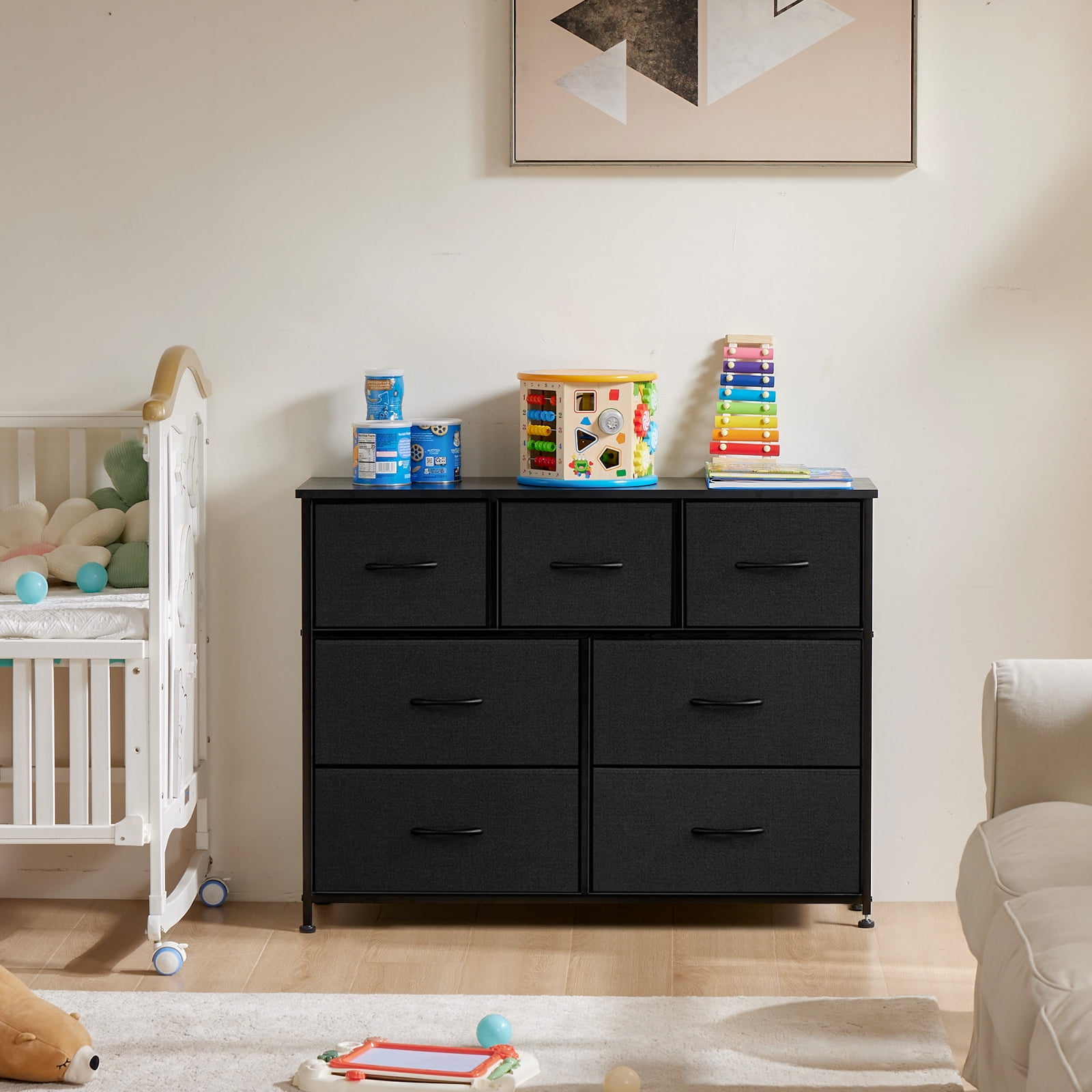 MAYEERTY 7-Drawer Fabric Storage Tower, Versatile Organizer with Wood Top for Bedroom, Living Room, Black
