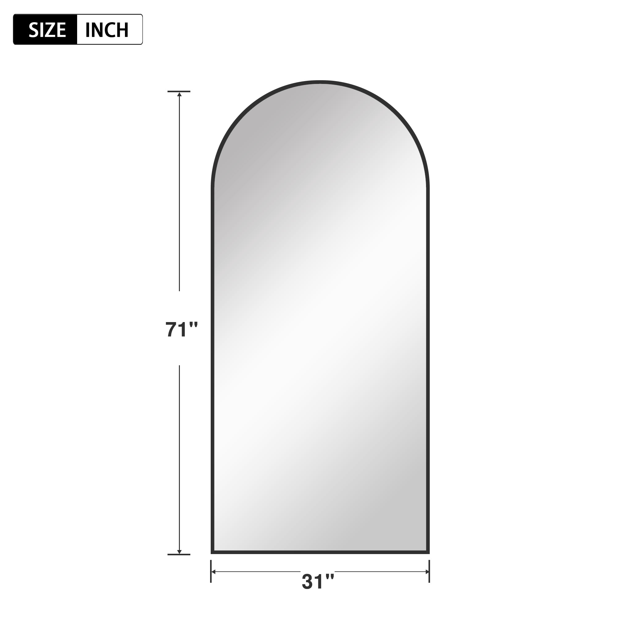 MAYEERTY 71*32*0.6in Full Body Mirror for Bedroom, Aluminum Frame, Right-Angle Arch with Stand, Black