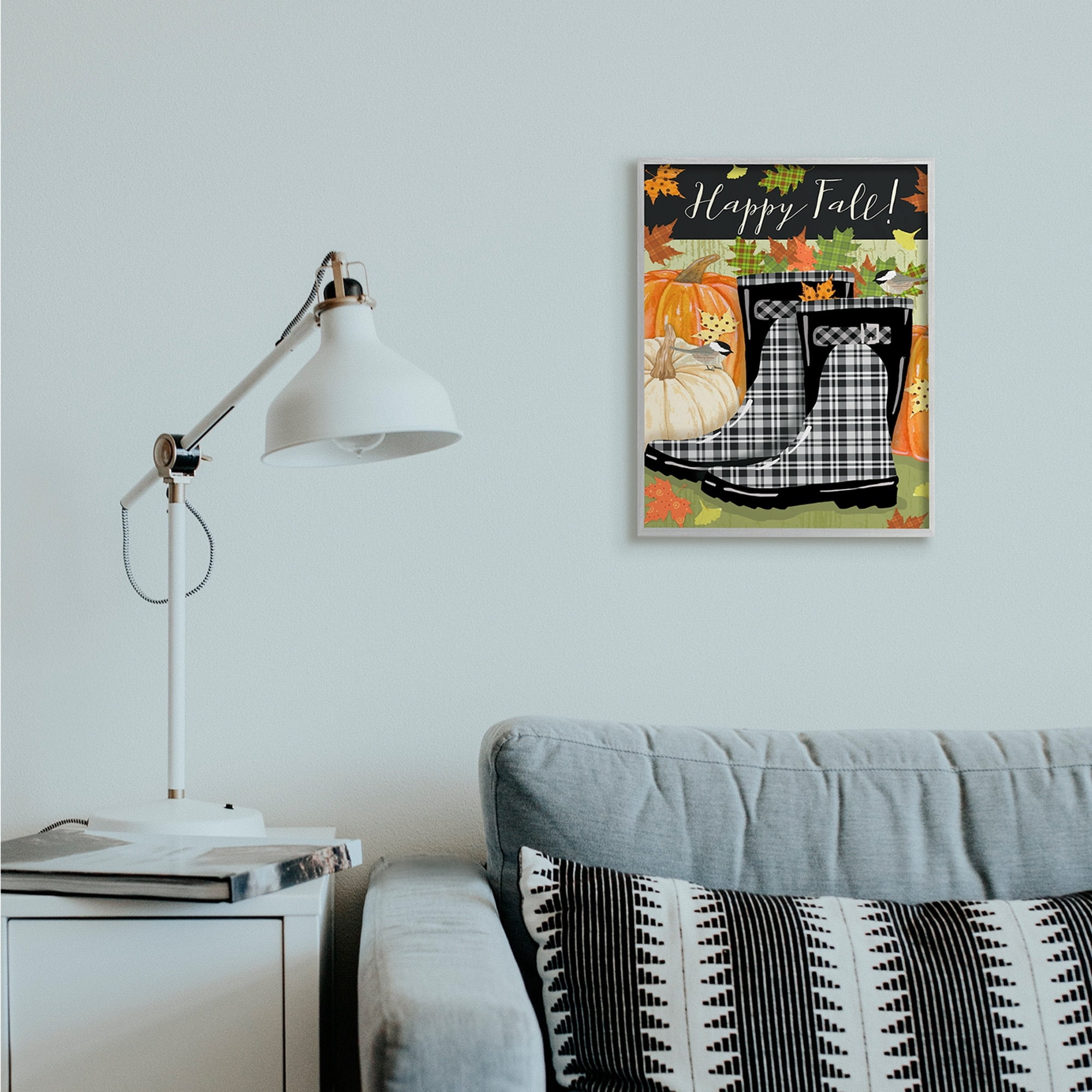 Stupell Industries Happy Fall Phrase Black Rainboots and Pumpkins Landscape Painting Gray Framed Art Print Wall Art, 11 x 14
