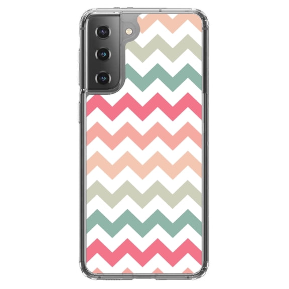 DistinctInk Clear Shockproof Hybrid Case for Galaxy S21  PLUS 5G (6.7" Screen) - TPU Bumper, Acrylic Back, Tempered Glass Screen Protector - Pastel Chevron Wave Stripes - Chevron Stripes