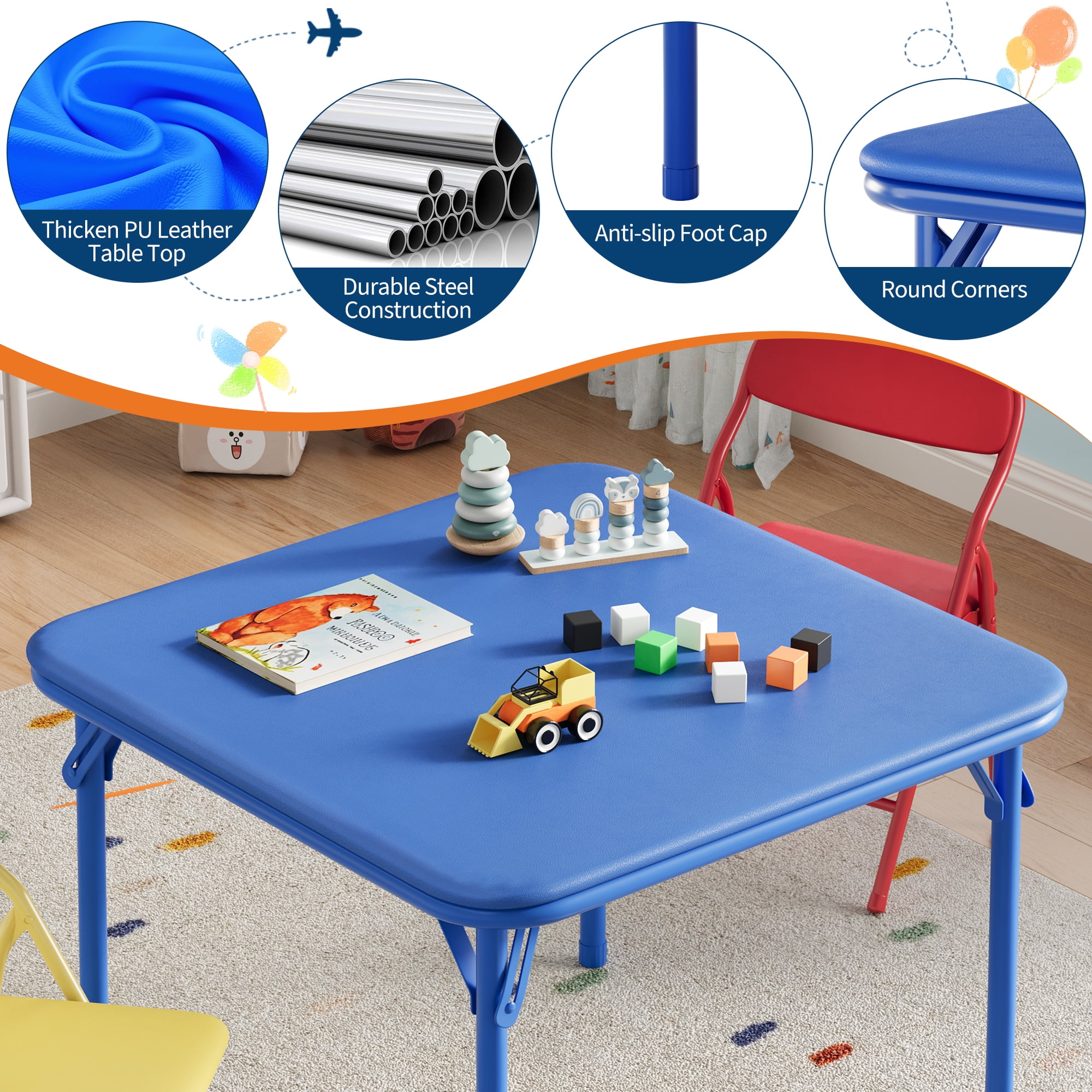 Kids Table and 2 Chairs Set, Kids Activity Table Set with Backrest, Easy to Wipe PU Leather & Steel Frame, Children's Furniture with Round Corners & Anti Sluip Foot Cap for Homes/Classrooms/Daycares