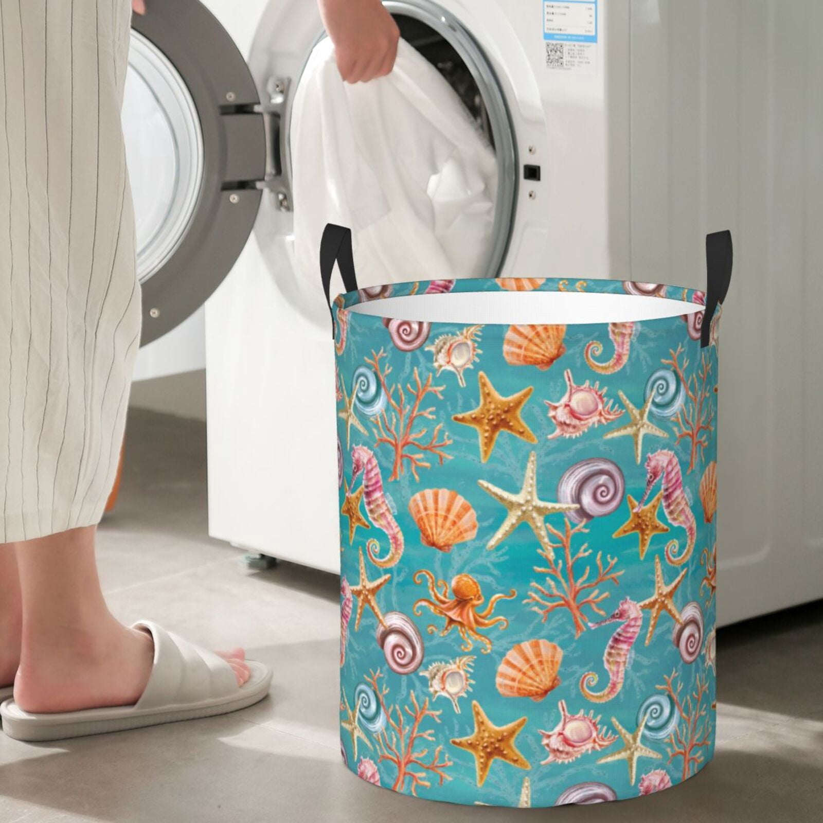 Large Laundry Basket with Handles - Starfish Seahorse Scallops Kids Baby Dirty Clothes Laundry Hamper for Bedroom Aesthetic