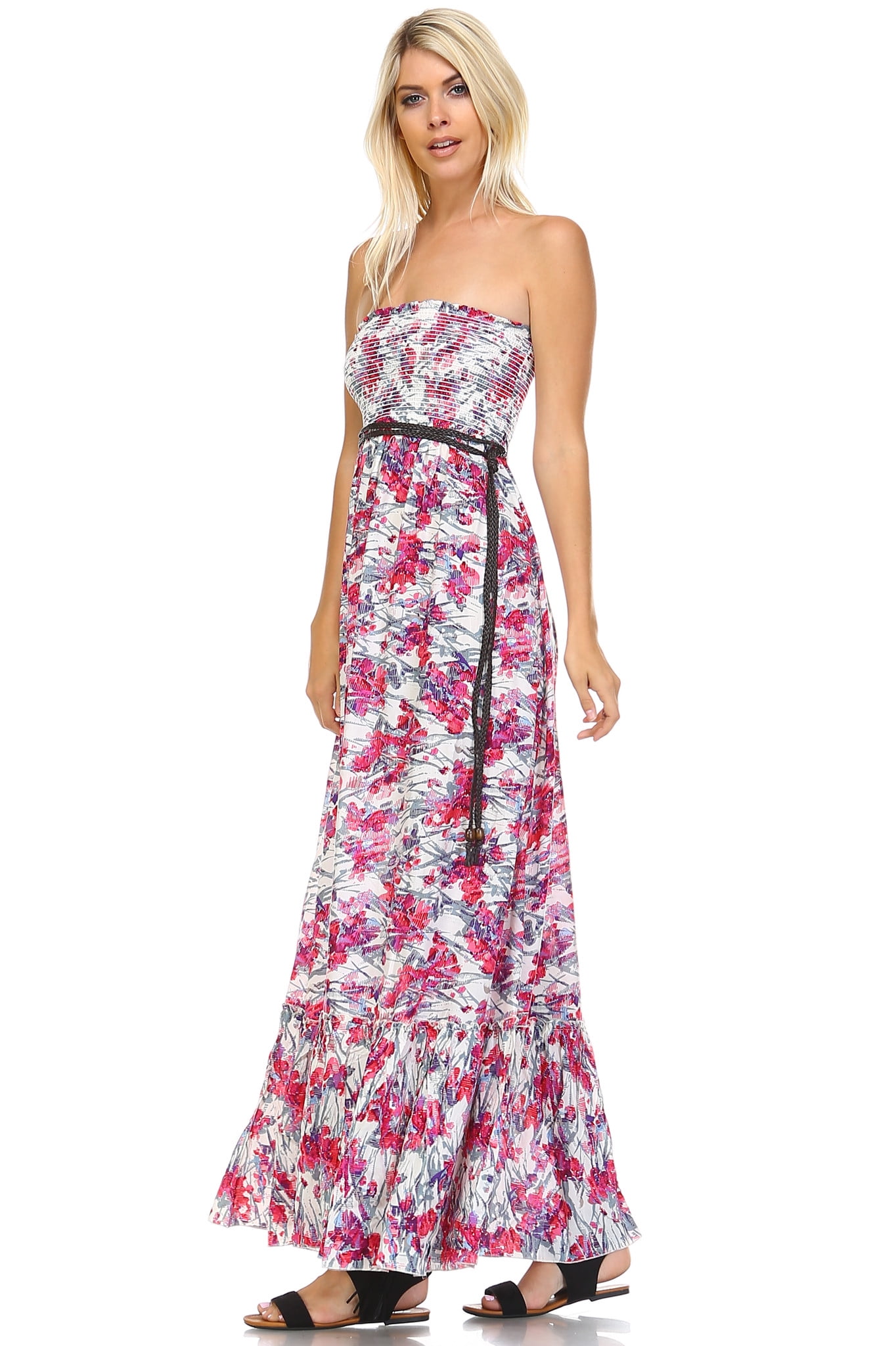Marcelle Margaux Printed Strapless Smocked Maxi Dress w/Belt - Walmart.com