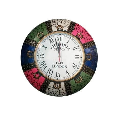 Wooden Vintage Roman Decorative Round 14 inch Wall Clock with Stone Work I Home & Office Decor I By Hind Handicrafts (Pink-Blue)