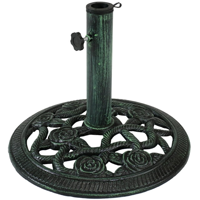 Sunnydaze Support de Base Rond pour Parasol d'Extérieur en Fonte Robuste Décorative Motif de Fleur de Rose pour Patio et Cour - 16 Pouces - Vert