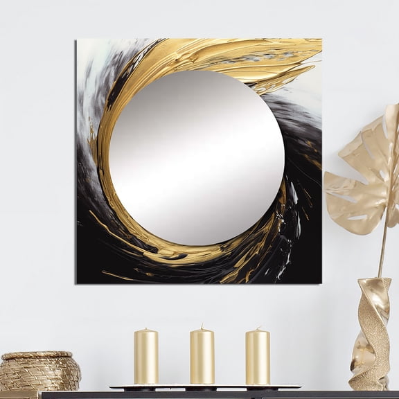 Designart "Midnight Waves Of Passion Abstract Black & Gold" Abstract Painting Square Mirror Wall Decor Modern - Large Gold Square Bathroom Mirror - Square Printed Wall Mirror Art