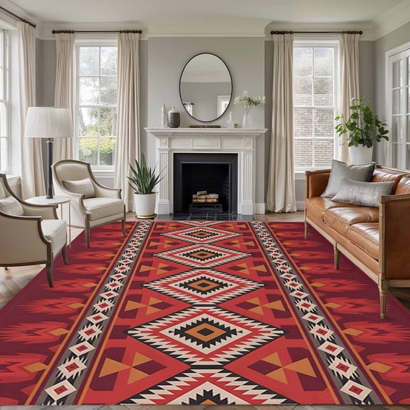 5'x7' Area Rugs for Living Room Bedroom, Red Retro Boho Washable Rug Carpet Runner Indoor Outdoor, Vintage Ethnic Tribe Abstract Art Non Slip Floor Mats Area Rug for Kitchen, Nursery