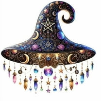 Deeceymbur Bohemian Style Witch Hat Acrylic Hanging Ornament Hand Painted Design Halloween Festive Wall Decor 7.8x7.6in