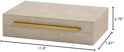 Ivory Shagreen Decorative Box For Keepsake And Memory, Faux Leather Storage Box Jewelry Organizer Wooden Home Organizer Box For Accessory With Brushed Gold Handle (Ivory)