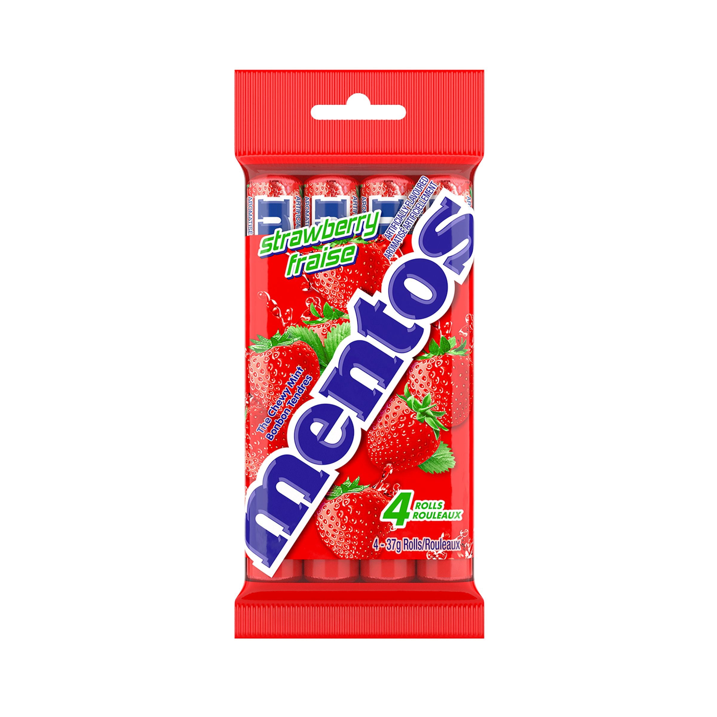 Mentos Chewy Mints, Strawberry - Pack of 4 Rolls (56 Pieces), 37g per roll