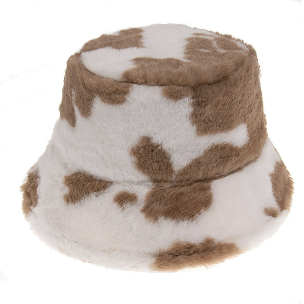 COUTEXYI Unisex Cow Print Fisherman Cap, Cony Hair Bucket Hat, Fluffy