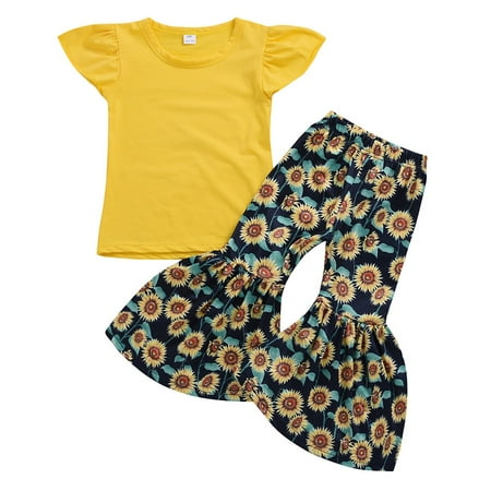 

GWAABD Toddler Girl Clothes Set Yellow Cotton Blend Toddler Girls Solid T Shirt Tops Sunflowers Print Flared Trousers Set Casual Clothes Outfits 130