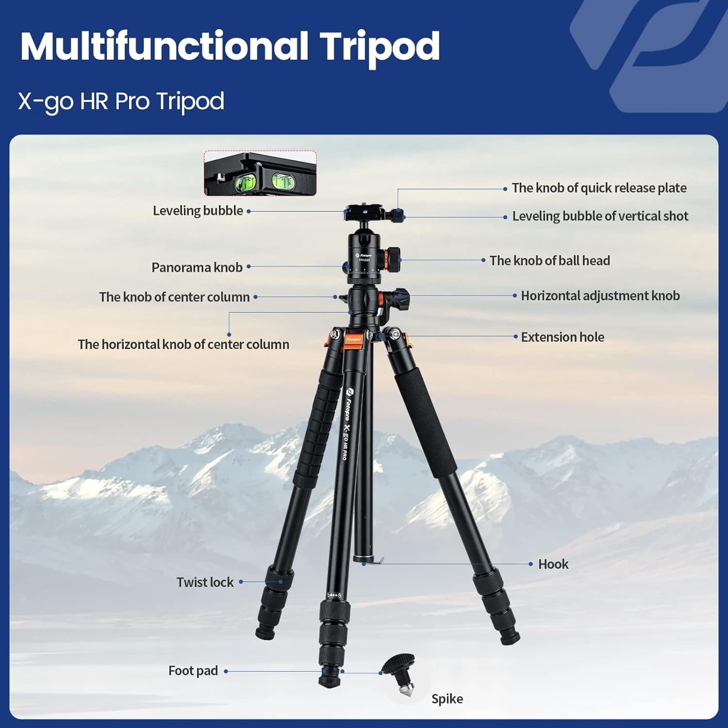 Fotopro X-Go HR Pro 62.6" Aluminum 2-in-1 Tripod and Monopod with Panoramic Ball Head, Heavy Duty Tripod Stand, 360° Horizontal Rotation, Multi Angle Center Column, Macro Shooting, Max Load 17.6 lbs