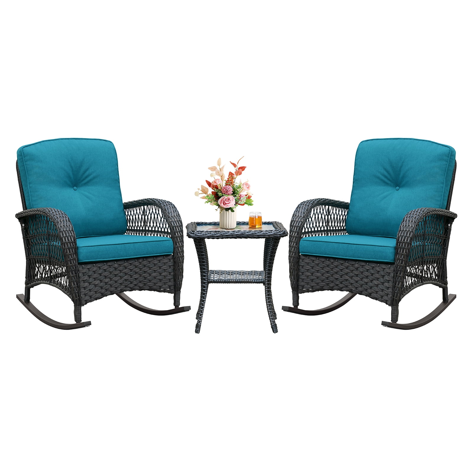 ATR ART to REAL Patio Wicker Rocking Furniture Sets,Rattan Rocker Chair Sets with Side Table for Porch, Peacock Blue
