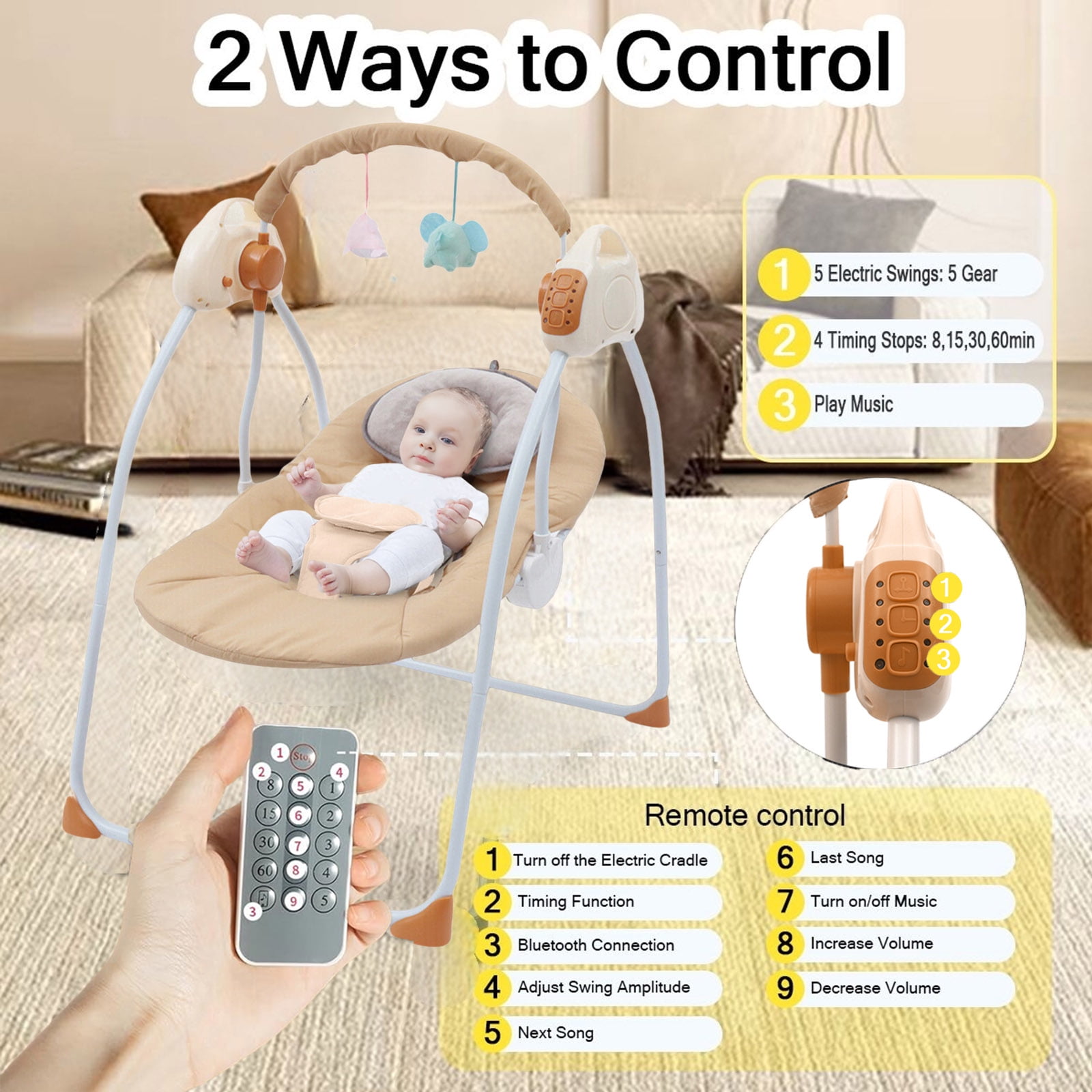 ANJORALA Baby Swings for Infants Toddler Portable Newborn Swing Bouncer, Bluetooth(Brown)