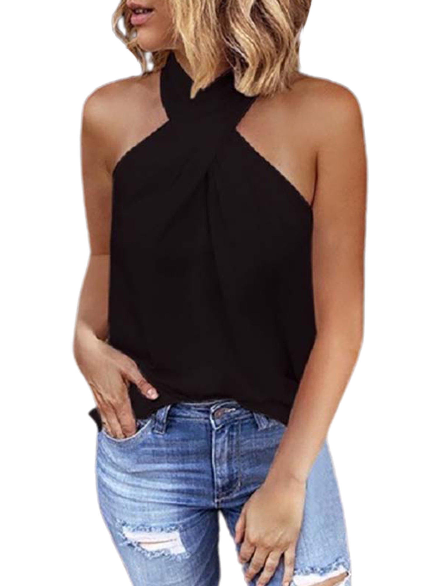 Womens Summer Tops Halter Sleeveless Plain T-Shirts Blouses Loose Walmart.com