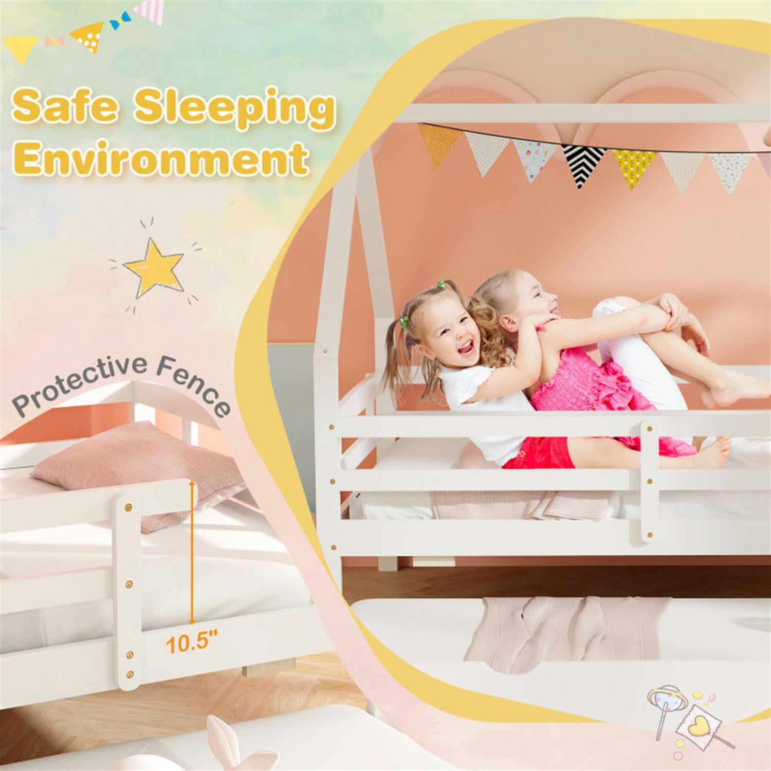 Demi Bonn Twin House Bed Frames with Trundle and Fence Rail, Modern Platform Bed Frames for Teens, White