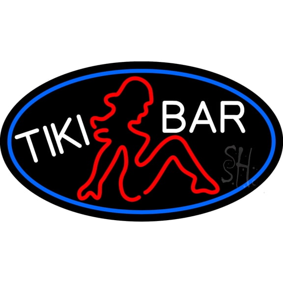 Tiki Bar Girl Oval With Blue Border LED Neon Sign 20 x 37 - inches, Clear Edge Cut Acrylic Backing, with Dimmer - Bright and Premium built indoor LED Neon Sign for Bar decor.