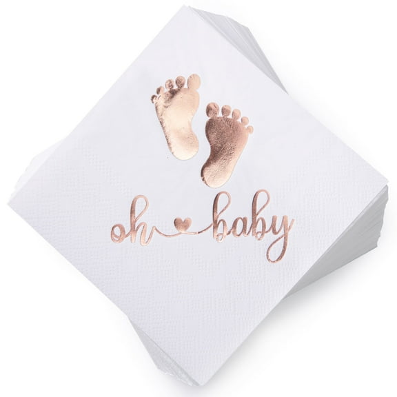 100Pcs Baby Shower Napkins, Folded 5 x 5 inch Gold Foil Cocktail Paper for Dessert Birthday Party Celebrations-Foot Pink