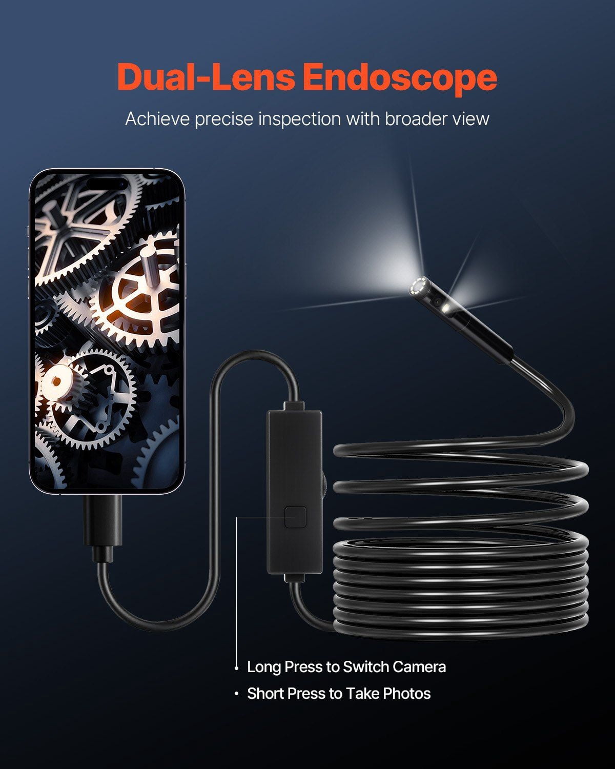 Endoscope Camera Dual Lens Borescope 1920P HD Inspection Camera 8+1 LED Light 2X Zoom 16.4FT Snake Cable IP67 Waterproof for Android iOS Auto Plumbing