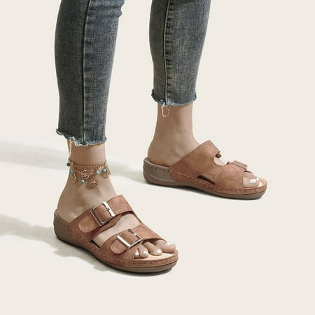 

Women s Casual Vacation Comfort Belt Buckle Open Toe Wedge Beach Sandals