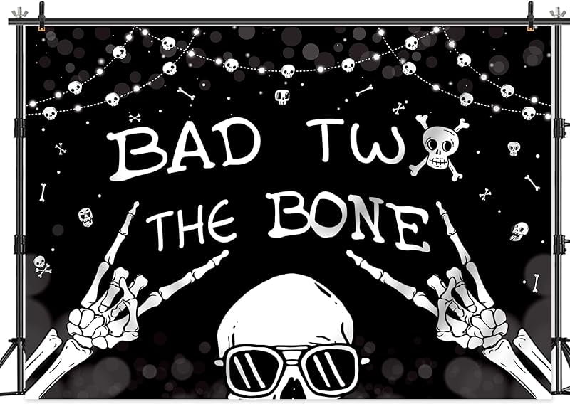 "Bad Two The Bone" Skeleton Backdrop Banner - 7x5 Ft, Rock & Roll 2nd Birthday Party Decor - View #8